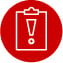 Red circle with a white clipboard icon featuring an exclamation mark.