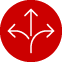 White arrows pointing in three directions on a red circular background.