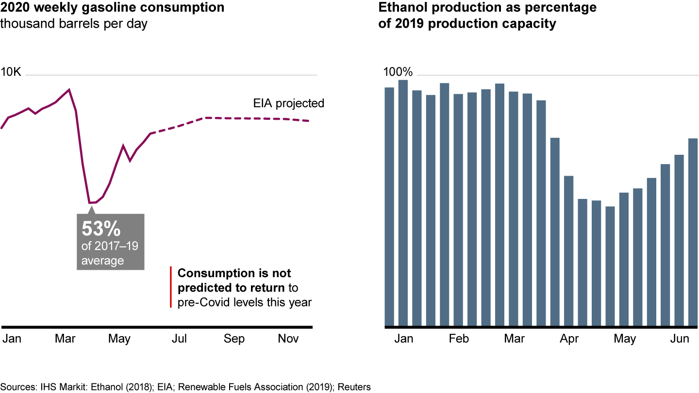 Ethanol production fell dramatically as restrictions on movement went into place, but has since rebounded